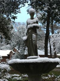 Low angle view of statue against trees during winter