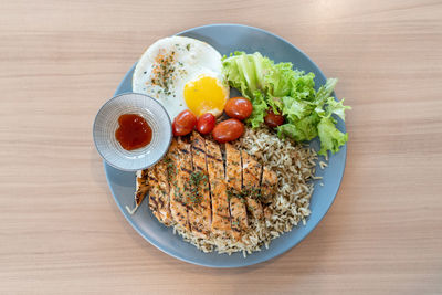 High angle view of breakfast served in plate
