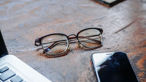 High angle view of eyeglasses on table