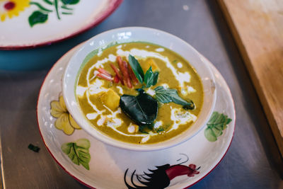 High angle view of food in plate on table