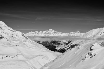 Scenic view of snow covered mountains against sky