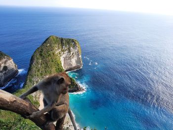 High angle view of rock in sea against sky