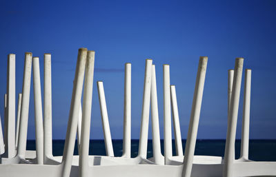 Close-up of wooden fence against clear blue sky