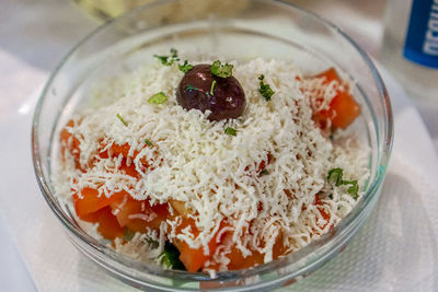 High angle view of food served in bowl