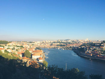 Douro river amidst city against clear blue sky