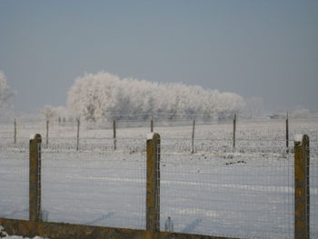 Wooden post on snow field against sky