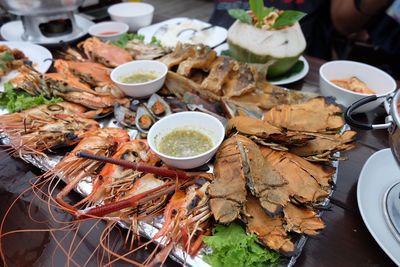 Close-up of meal served in tray