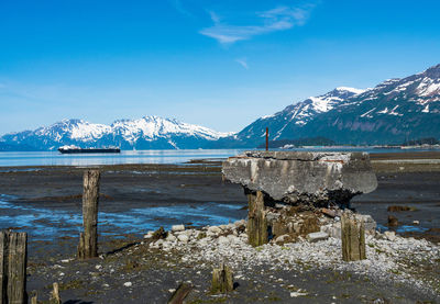 Scenic view of sea and mountains against blue sky