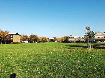 Houses and trees on field against clear blue sky