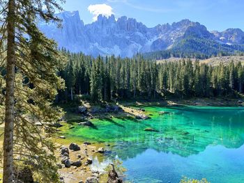 Scenic view of carezza lake against sky in dolomites