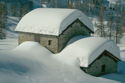 High angle view of snow covered roof of building