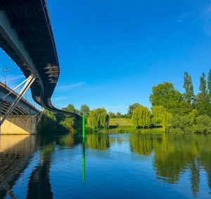 Arch bridge over river against blue sky