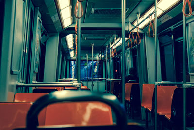 Interior of illuminated metro train