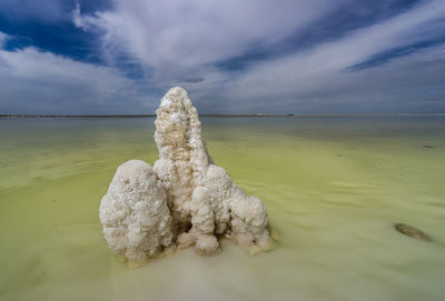 Close-up of sand on beach against sky