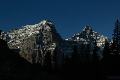 Valley of ten peaks near moraine lake on a sunny autumn day with snow on the mountain.