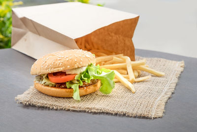 Close-up of burger on table
