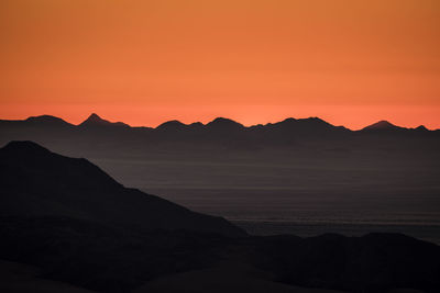 Scenic view of silhouette mountains against orange sky