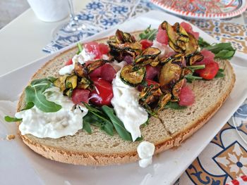 High angle view of breakfast served on table