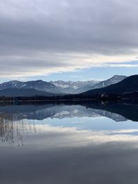 Scenic view of lake and mountains against sky