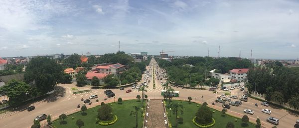 High angle view of street amidst buildings in city