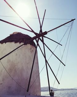 Low angle view of crane against sky