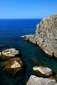 Scenic view of sea by rock formations against clear blue sky