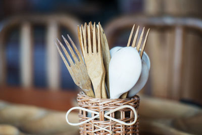 Close-up of wooden spoons and forks