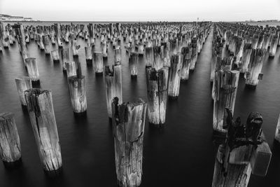 Wooden posts in sea