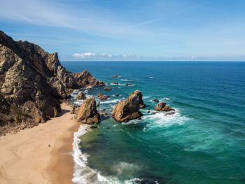 Scenic view of rocks in sea against sky