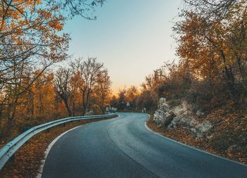 Road amidst trees against clear sky during autumn