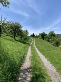 Scenic view of road amidst field against sky