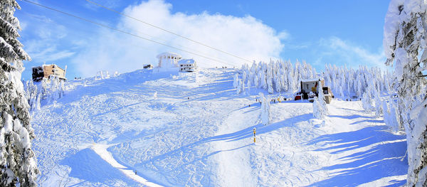 Group of people on snow covered land against sky