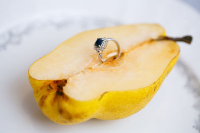 High angle view of lemon slice on table