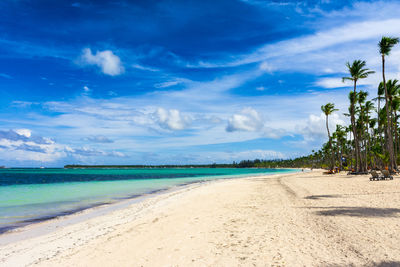 Scenic view of beach against blue sky