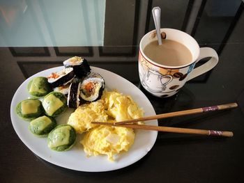 High angle view of food in plate on table