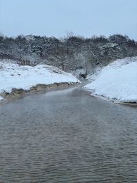 Scenic view of snow covered land against sky