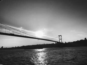 Silhouette bridge over river in city against sky