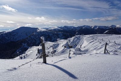 Snow covered landscape against sky