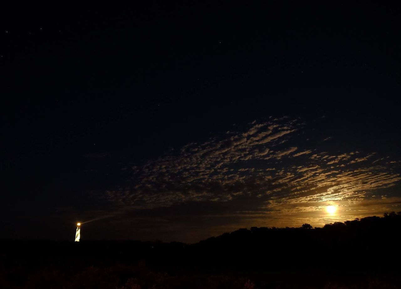 night, sky, copy space, scenics - nature, no people, nature, beauty in nature, tranquility, illuminated, tranquil scene, orange color, outdoors, silhouette, landscape, moon, dark, environment, idyllic, land, sunset, moonlight