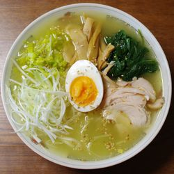 High angle view of soup in bowl on table