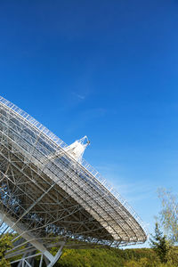 Low angle view of satellite dish against blue sky