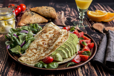 High angle view of food served on table