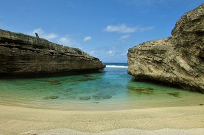 Scenic view of rocks on beach against sky