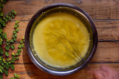 High angle view of lemon in bowl on table