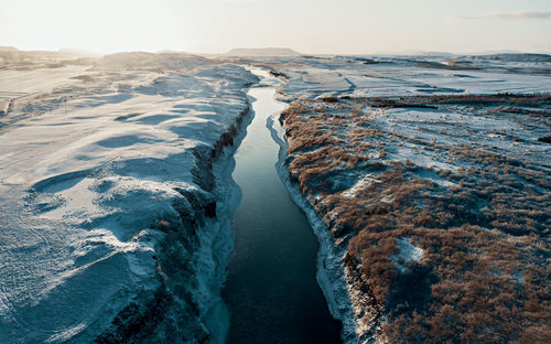 Aerial view of a river in iceland with turquoise water, melting ice