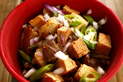 High angle view of chopped vegetables in bowl