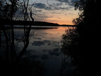 Silhouette trees by lake against sky during sunset