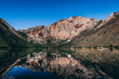 Scenic view of lake and mountains against clear blue sky