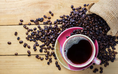 High angle view of coffee cups on table
