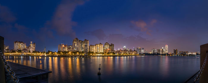 Illuminated buildings by river against sky at dusk